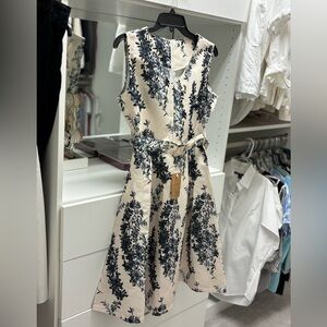 Chic Linen Blue and White Floral Midi Dress